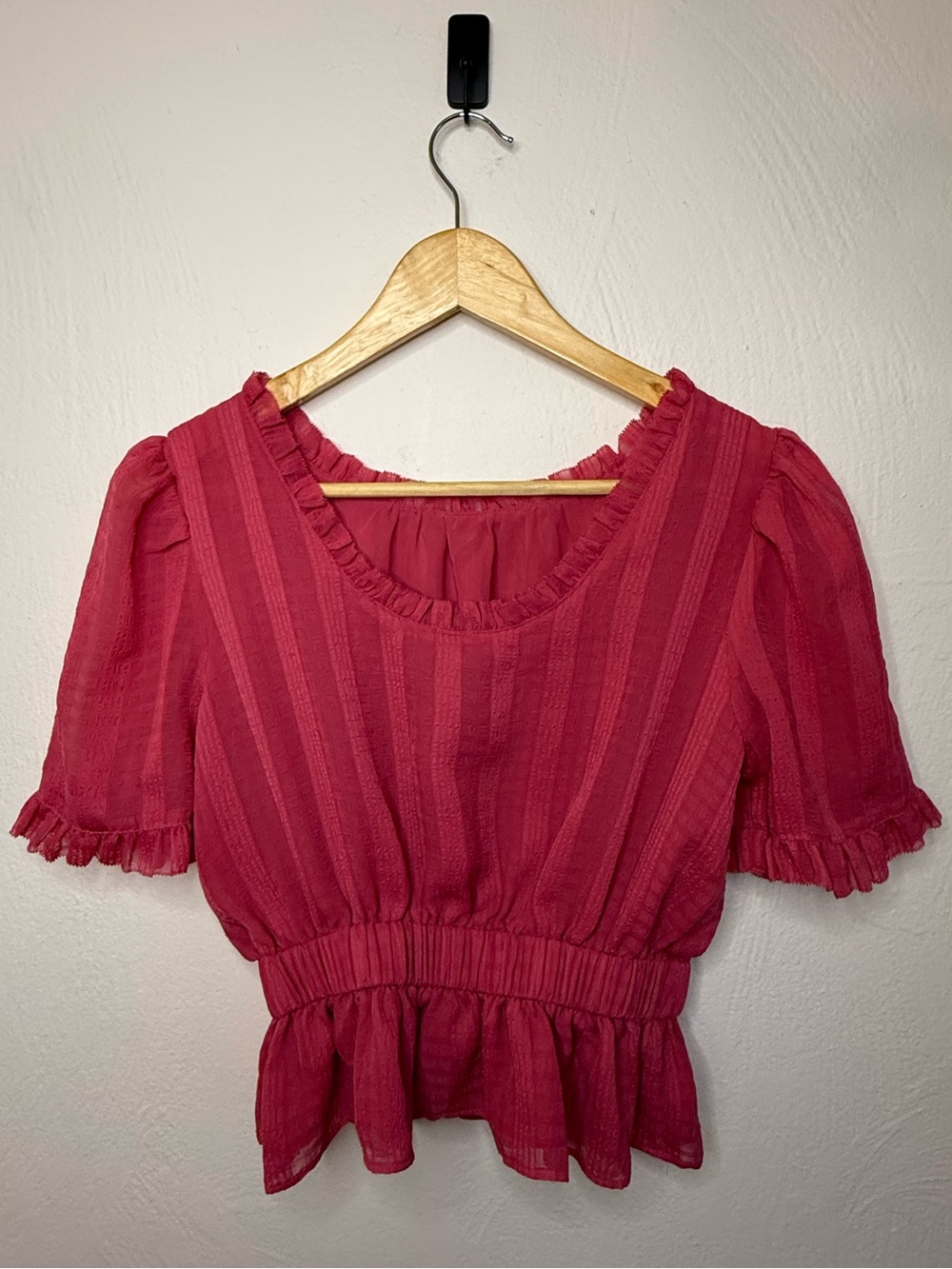 Ann Taylor Fuchsia Ruffle-Trim Peplum Blouse